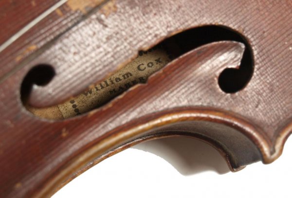 AMERICAN VIOLIN, WILLIAM COX, MICHIGAN, 1912: Violin, interior paper label reading William Cox, Detroit, Michigan, and dated 1912, cracklure to old varnish, wear with age, 23.25"h, 8"w, 2lbs