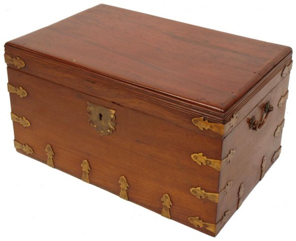 ANTIQUE BRITISH COLONIAL TEAKWOOD CAMPAIGN BOX: British colonial campaign box, teakwood, 19th c., brass bound at corners, brass lockplate and side handles, fitted interior, 12"h, 23"w, 15"d, 27lbs