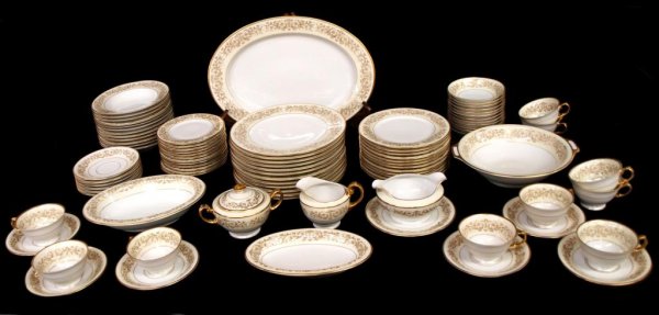TK THUN CZECHOSLOVAKIA CLARIDGE DINNER SERVICE: (lot of 89) TK Thun, Bohemia porcelain dinner service in the Claridge pattern with heavily gilt edges comprising: (12) dinner plates, 10"d; (12) salad plates, 7.75"d; (12) bread plates, 6.25"d; (12) b