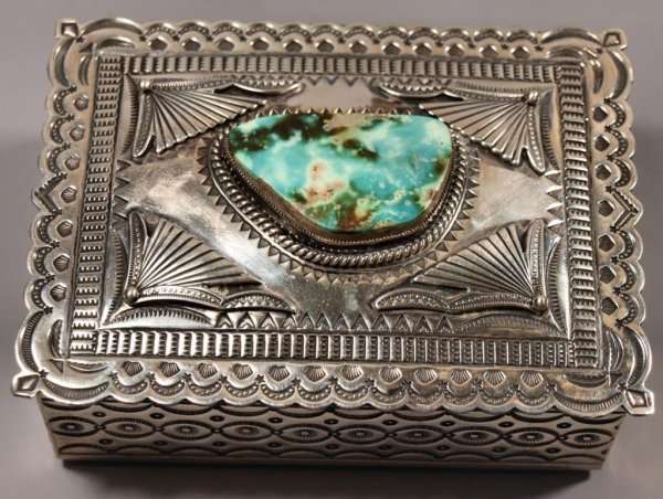 NAVAJO STERLING SILVER & TURQUOISE BOX, G. REEVES: Southwest sterling silver box by Navajo silversmith Gary Reeves, the rectangular box having an elaborate hand worked design and set with a large turquoise bezel, the underside signed G. Reeves, sterli