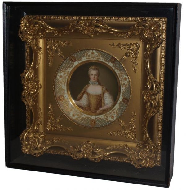 ANTIQUE PORCELAIN PORTRAIT PLATE, WAGNER: Hand-painted porcelain portrait plate, "Marie Adelaide de France" (1732-1800, daughter of Louis XV), heavy gilding and raised enamel decoration center a finely painted depiction of the beauty, artist 