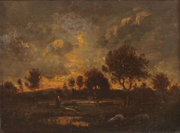 PAINTING, T. ROUSSEAU, FRANCE, 1812-1867: Framed oil painting on rosewood board, Lady on Country Lane, signed lower left in red, TH. Rousseau (Pierre Etienne Theodore Rousseau, France, 1812-1867), sight: 7"h, 9 1/8"w, overall: 12.75"h, 15"w, 