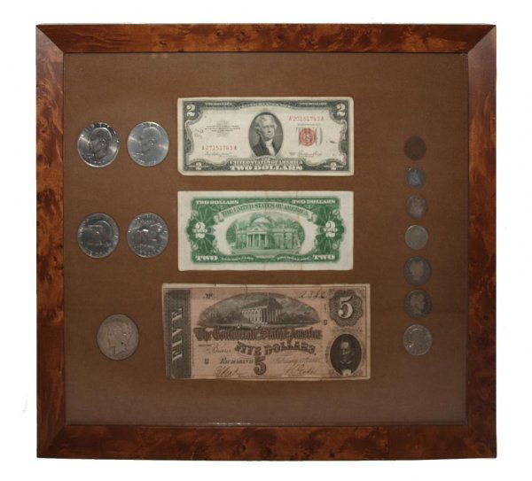 SHADOW BOX COIN COLLECTION SILVER DOLLAR 1821 DIME: Collection of coins and currency, framed under glass, includes: (4) Eisenhower silver dollars; (1) 1922 Peace silver dollar; (2) US two dollar bills; (1) Confederate five dollar bill, Richmond, Februa