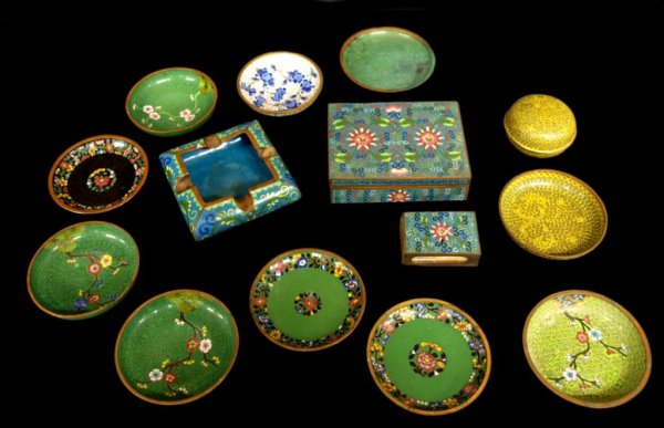 COLLECTION CHINESE CLOISONNE SMALL DISHES, BOX: (lot of 14) Chinese cloisonne table articles comprising: (1) box and (1) match box holder in matching floral pattern, box 1.5"h, 4.75"l, 3.75"d; (1) round lidded box and (1) dish in matching yellow sc