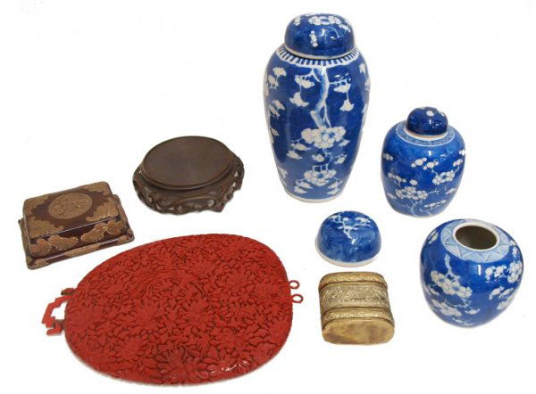 CHINESE CINNABAR LACQUER MIRROR & CHINESE OBJECTS: (lot of 8) Collection of Chinese decorative objects, comprising: (1) gilt bronze cigarette box, heavily embossed floral design, 3"h, 3"w; (1) bronze pedestal/ stand, pierced scroll design, 2.5"h, 7"d;
