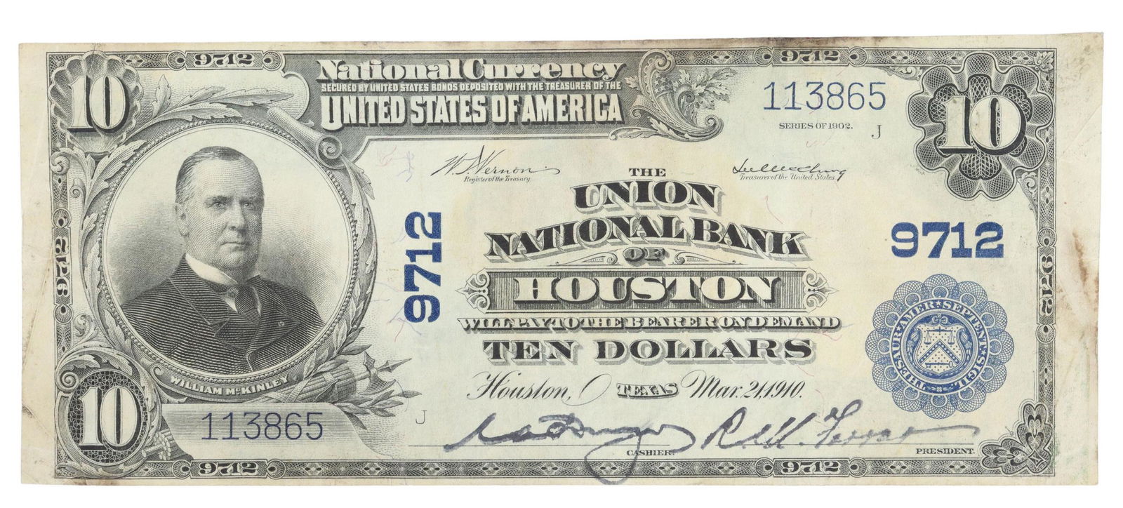 U.S 1902 NATIONAL CURRENCY, McKINLEY, $10, HOUSTON (1 of 2)