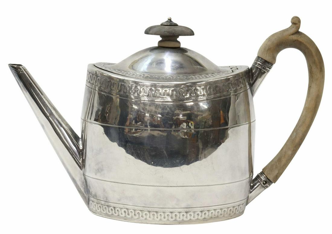 ENGLISH GEORGE III HENRY CHAWNER STERLING TEAPOT: English George III sterling silver teapot, Henry Chawner (English, 1764-1851), c.1788, hinged dome cover with wood knop finial, ovoid body with wave-patterned bands, spurred scroll wood handle, straig