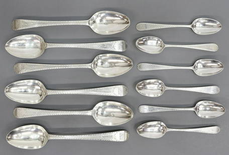 (12) HESTER BATEMAN (1708-1794) STERLING SPOONS: (lot of 12) English sterling silver spoons, Hester Bateman (United Kingdom, 1708-1794), with bright-cut designs, including: (6) spoons, c.1782, cartouche engraved with a dolphin, London hallmarks, app