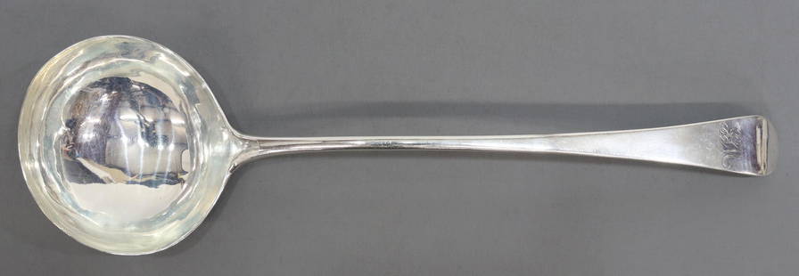 ENGLISH HESTER BATEMAN STERLING SOUP LADLE: English George III sterling silver soup ladle, Hester Bateman (United Kingdom, 1708-1794), c.1778, monogrammed HM, approx 12.5"l, 4.53ozt Start Price: $100.00 **Please note: International bidders must