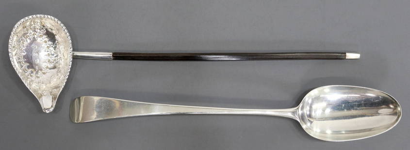 (2) HESTER BATEMAN STERLING TODDY LADLE & SPOON: (lot of 2) English George III sterling silver serving flatware, Hester Bateman (United Kingdom, 1708-1794), London hallmarks, including: (1) toddy ladle, c.1783, repousse and beaded bowl with pour spo