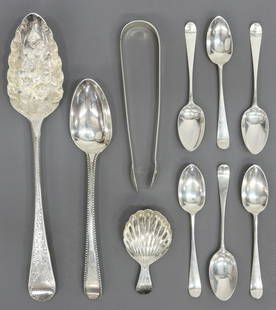 (10) GEORGIAN BATEMAN & OTHER STERLING FLATWARE: (lot of 10) English sterling silver flatware, including: (6) demitasse spoons, Hester Bateman (United Kingdom, 1708-1794), monogrammed BB, approx 4 1/8"l, (1) spoon, Hester Bateman (United Kingdom,