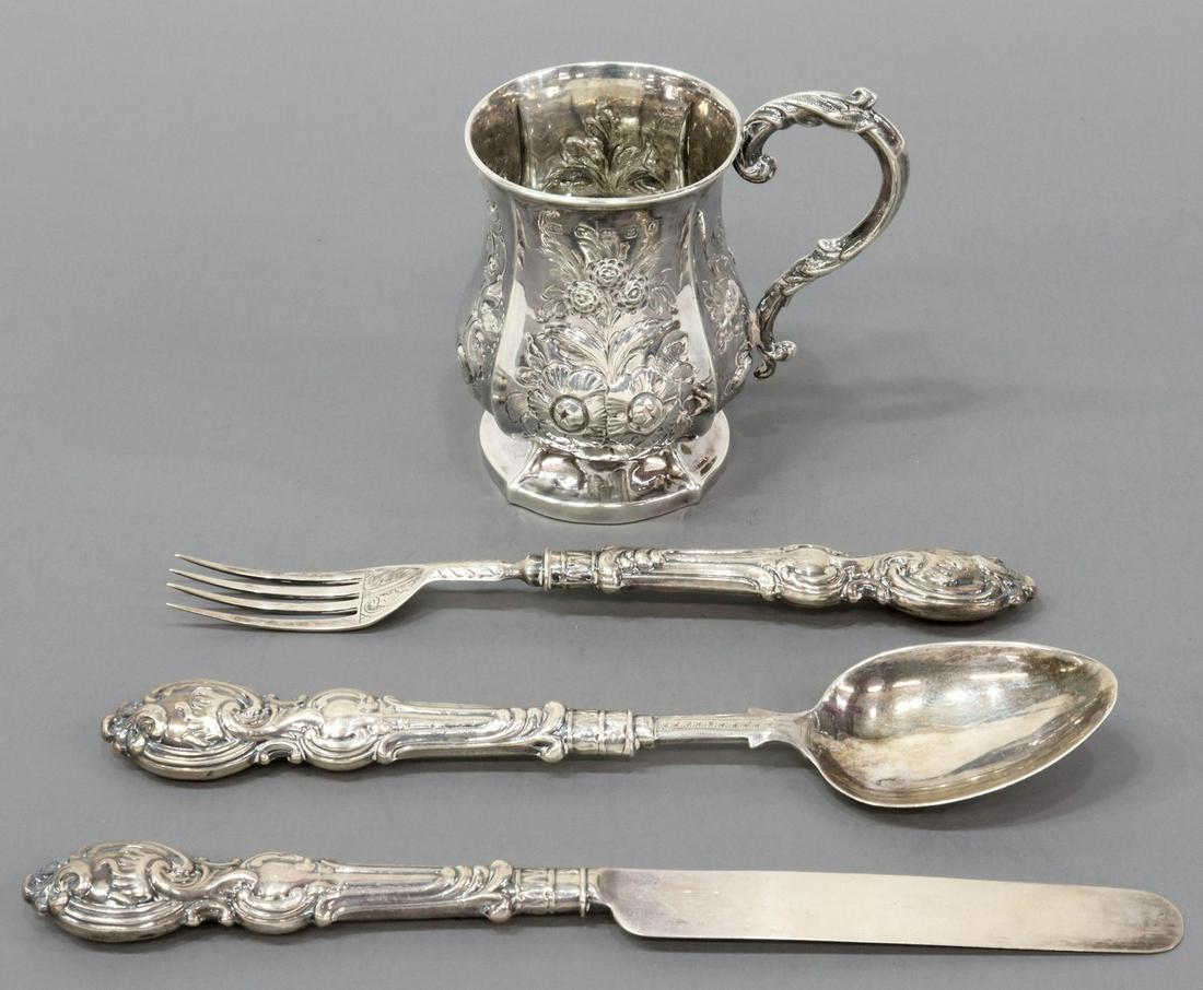 (4) ENGLISH VICTORIAN STERLING YOUTH SERVICE: (4 piece) English Victorian sterling silver youth service, Hilliard & Thomason, c.1862, in the Rococo taste, hollow handles with sterling ends, Birmingham hallmarks, including: (1) footed cup, with sc