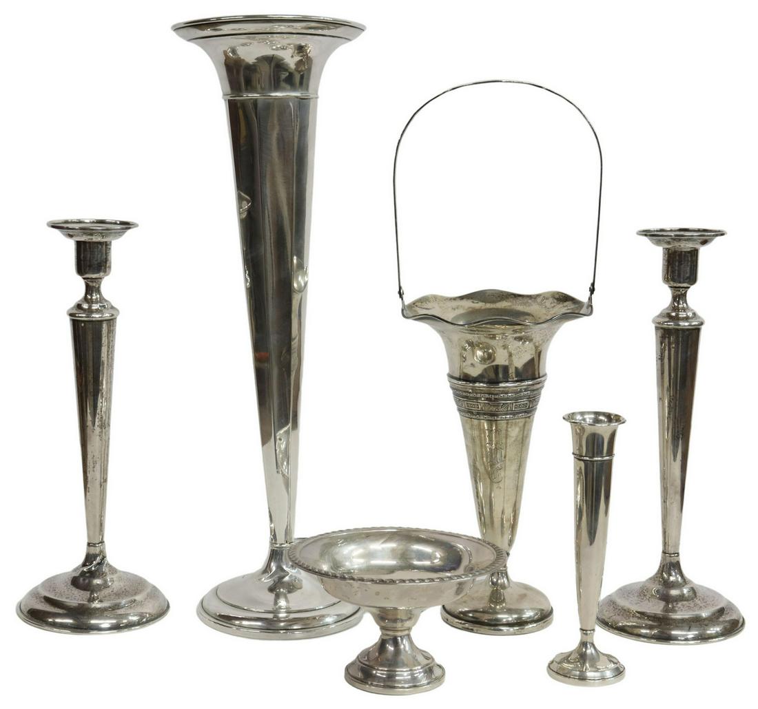 (6) WEIGHTED STERLING CANDLESTICKS & TRUMPET VASES (1 of 8)