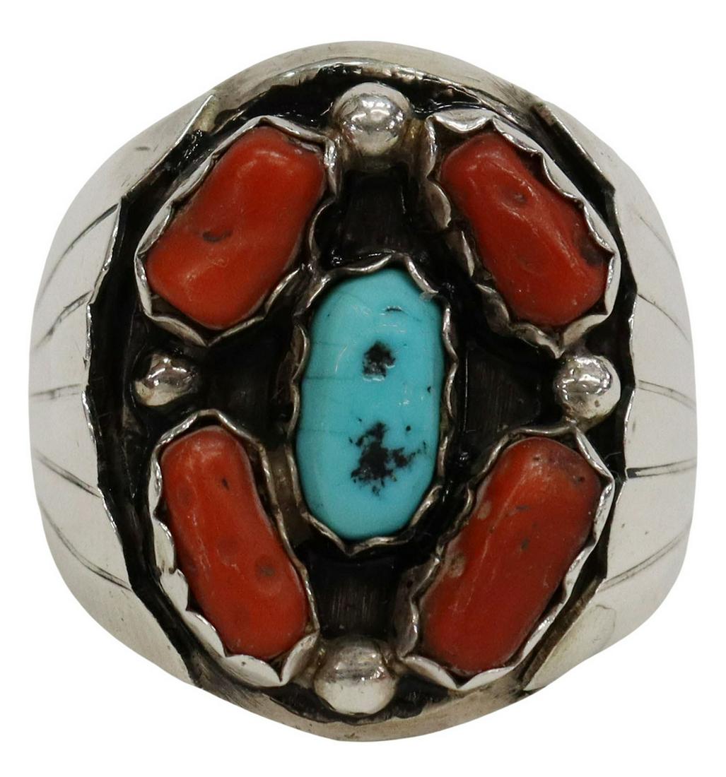 GENT'S NAVAJO SILVER, RED CORAL & TURQUOISE RING (1 of 4)