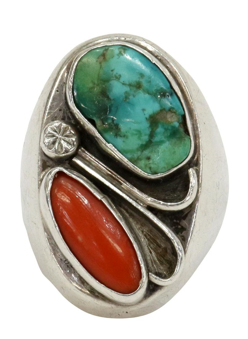 SOUTHWEST SILVER, TURQUOISE & RED CORAL RING (1 of 4)