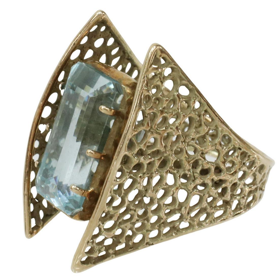 ESTATE MODERNIST 14KT YG & 14.38CT AQUAMARINE RING (1 of 5)