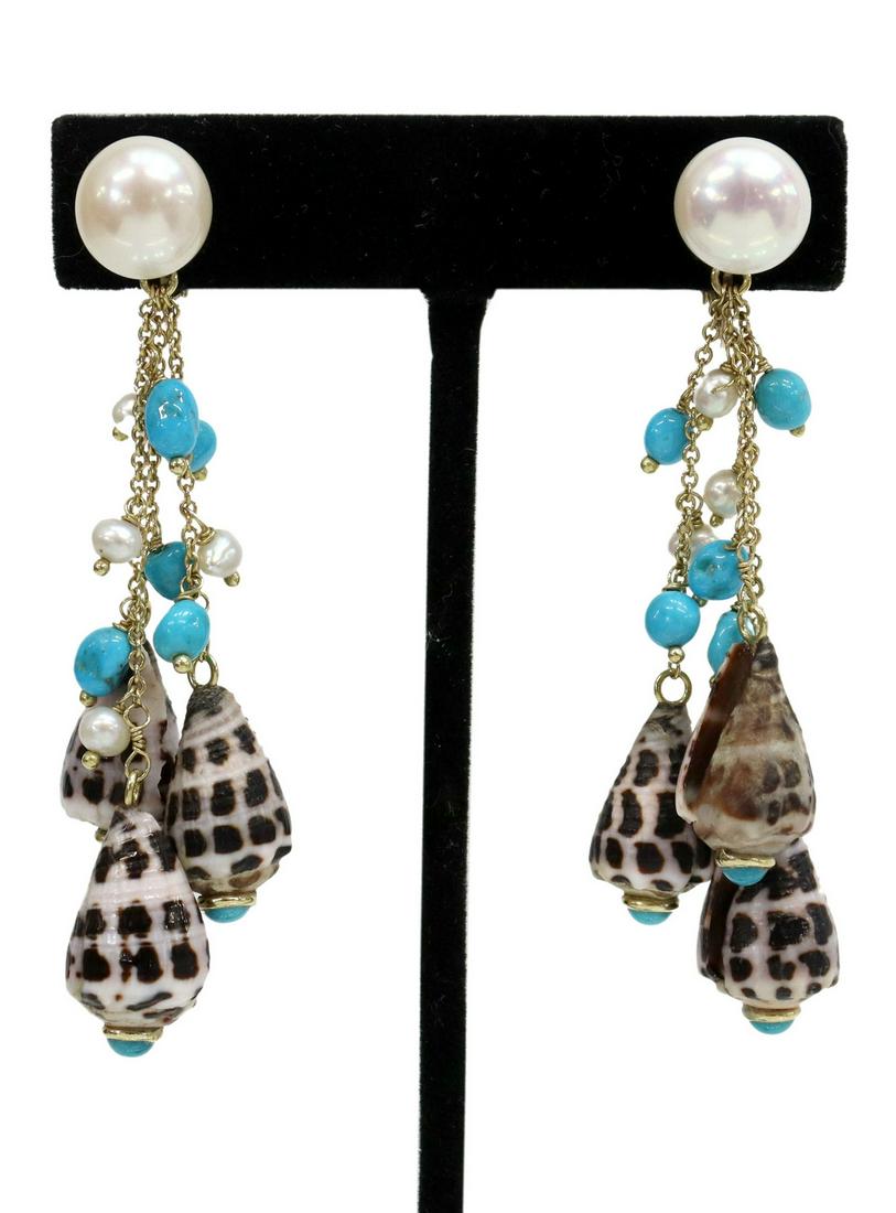 2) MAZ 18KT GOLD, PEARL, TURQUOISE, SHELL EARRINGS (1 of 4)