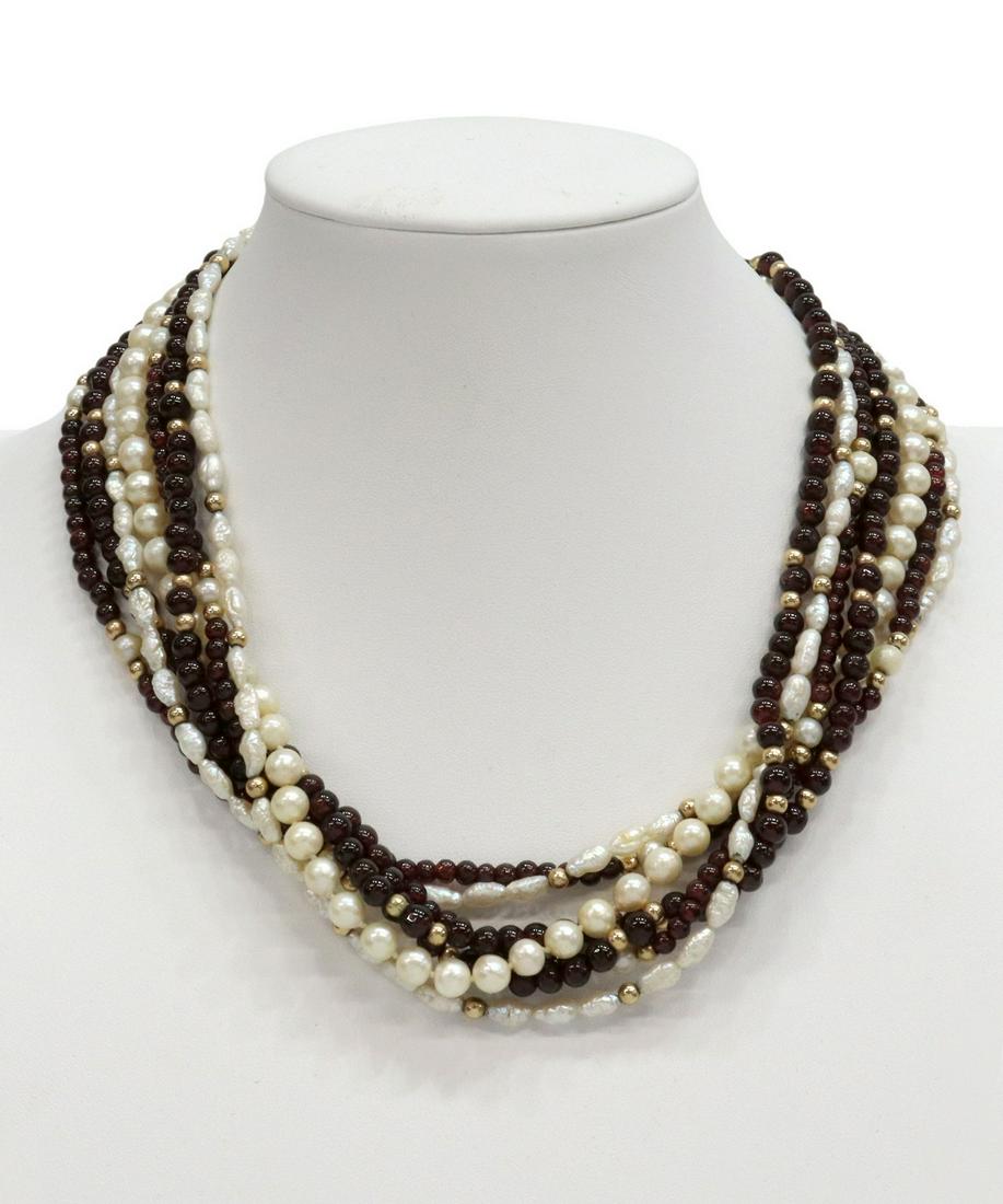 MULTISTRAND PEARL & GARNET NECKLACE 14K GOLD CLASP (1 of 3)