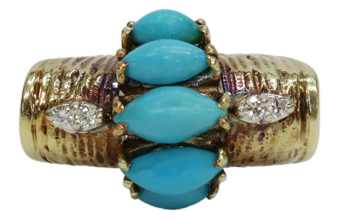 ESTATE 14KT YELLOW GOLD TURQUOISE & DIAMOND RING (1 of 5)