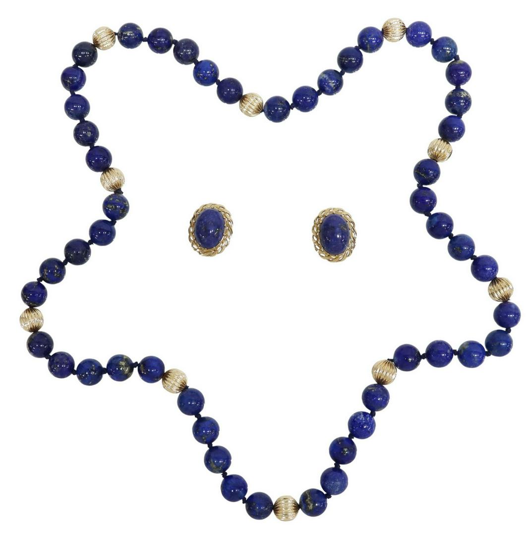 (2) 14KT GOLD & LAPIS BEADED NECKLACE & EARRINGS (1 of 5)
