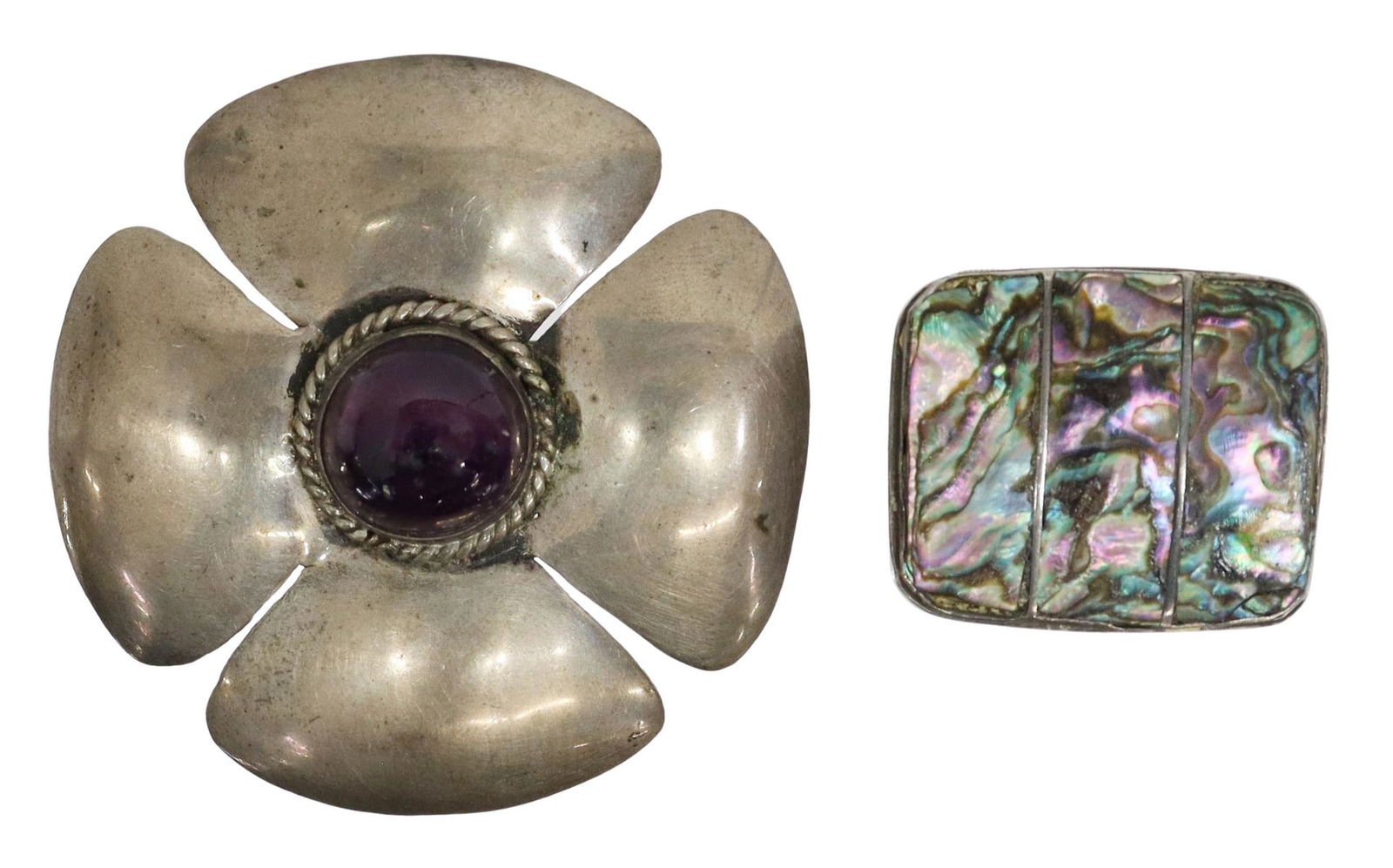 (2) STERLING BROOCH & ABALONE PILLBOX, MEXICO (1 of 3)
