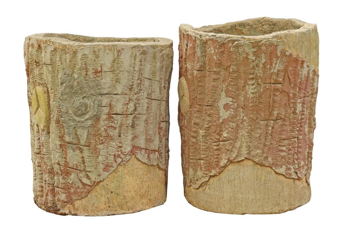 (2) FRENCH CAST STONE FAUX BOIS GARDEN PLANTERS (1 of 2)