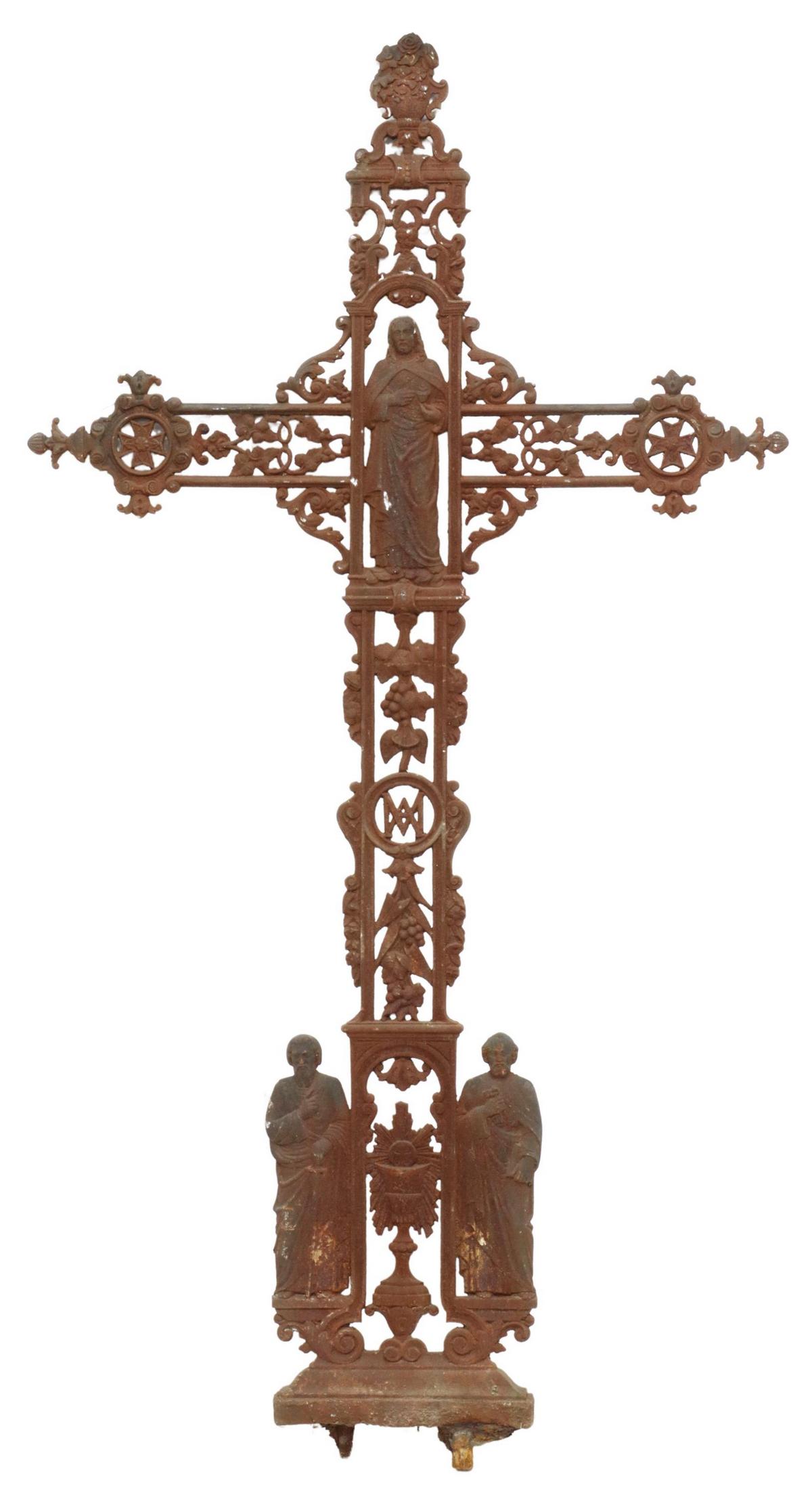 FRENCH CAST IRON CROSS CHRIST & APOSTLES, 19TH C. (1 of 2)