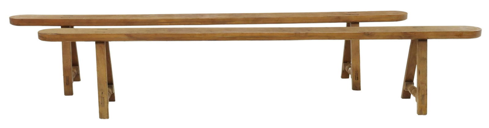 (2) FRENCH PROVINCIAL FRUITWOOD TRESTLE BENCHES (1 of 3)