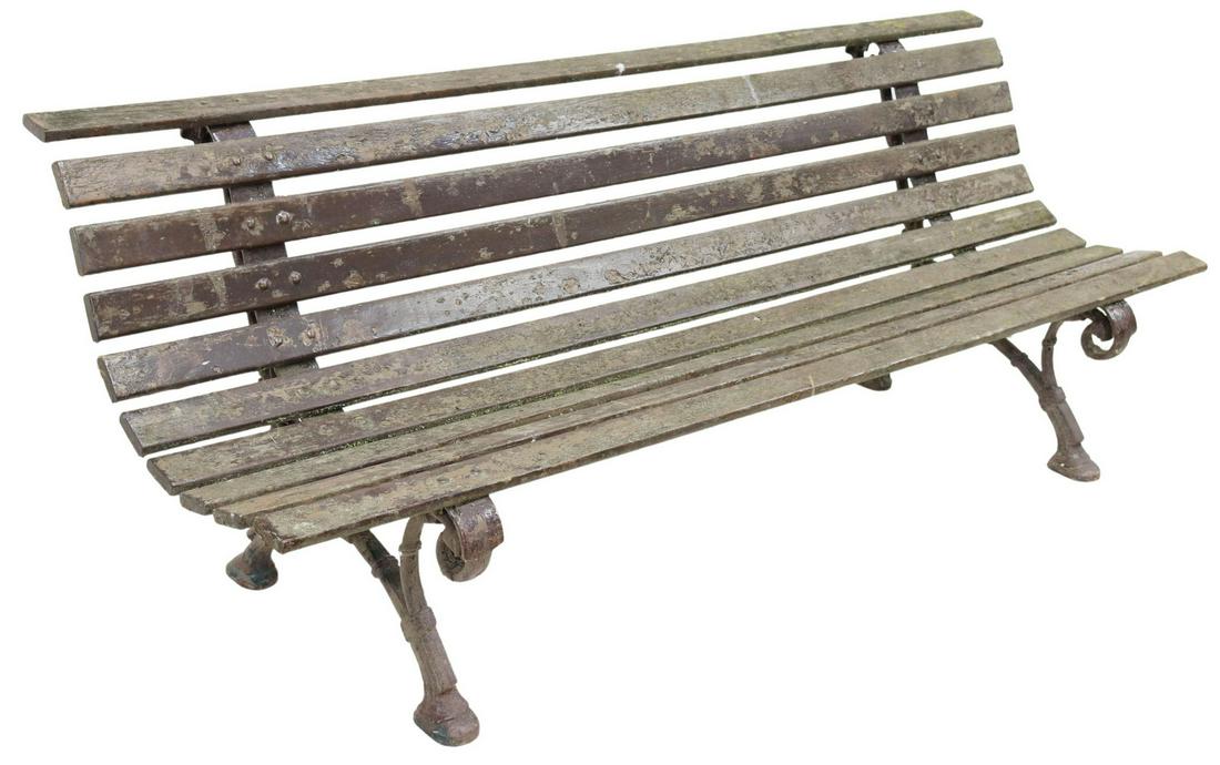 FRENCH SLATTED WOOD & CAST IRON GARDEN PARK BENCH (1 of 3)