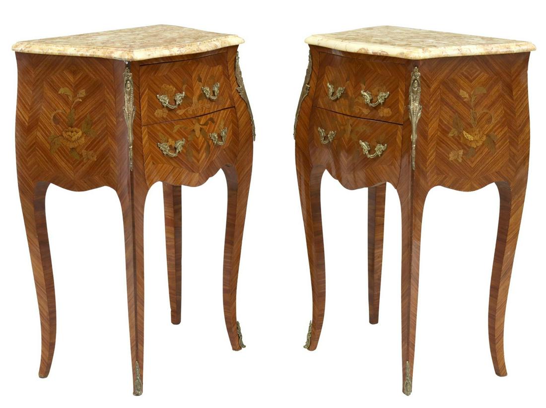 (2) FRENCH LOUIS XV STYLE MARBLE-TOP NIGHTSTANDS: (pair) French Louis XV style nightstands, 20th c., shaped marble top, matched veneer case accented with floral marquetry, two drawers, rising on cabriole legs, ending in front sabots, approx 28.5"h, 1
