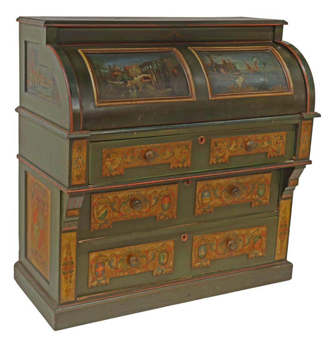 CONTINENTAL PAINT DECORATED CYLINDER DESK (1 of 8)