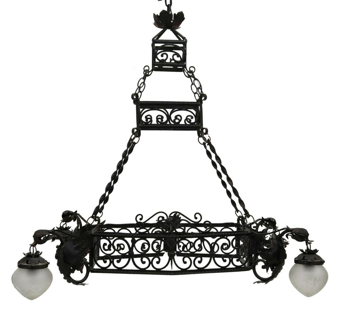 WROUGHT IRON & FROSTED GLASS 4-LT CHANDELIER (1 of 2)