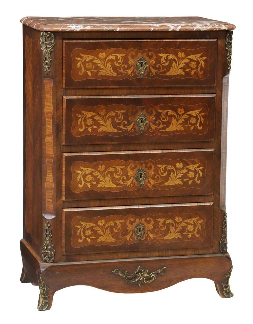 LOUIS XV STYLE MARBLE-TOP MARQUETRY CHEST (1 of 5)