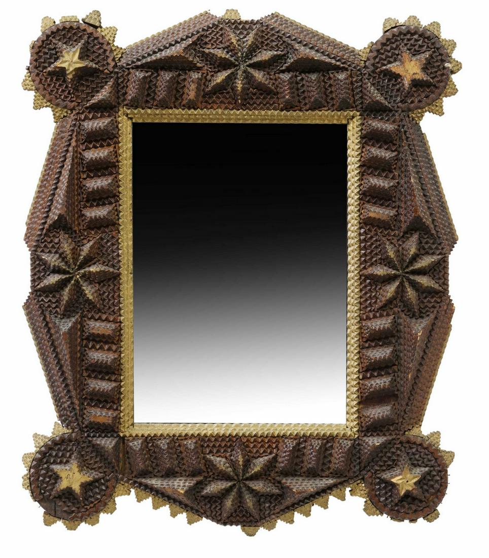 AMERICAN TRAMP ART CHIP CARVED WOOD WALL MIRROR (1 of 3)