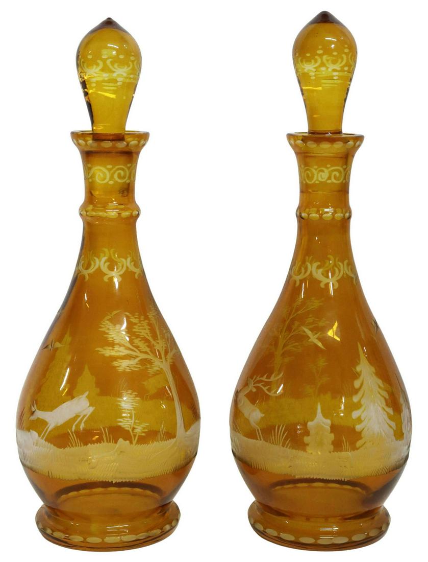 (2) BOHEMIAN AMBER CUT-TO-CLEAR GLASS DECANTERS (1 of 3)