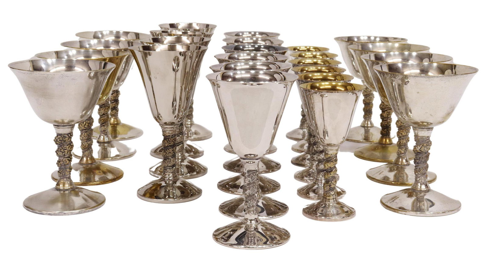 (24) SPANISH & OTHER SILVER PLATE STEMWARE: (lot of 24) Silver plate stemware, similarly styled, various makers, including: (8) Spanish Valero coupes, approx 5"h, 3.75"diam, (4) Spanish J. Perez Ruiz wine stems, approx 5.75"h, 3"diam, (6) F.B. 