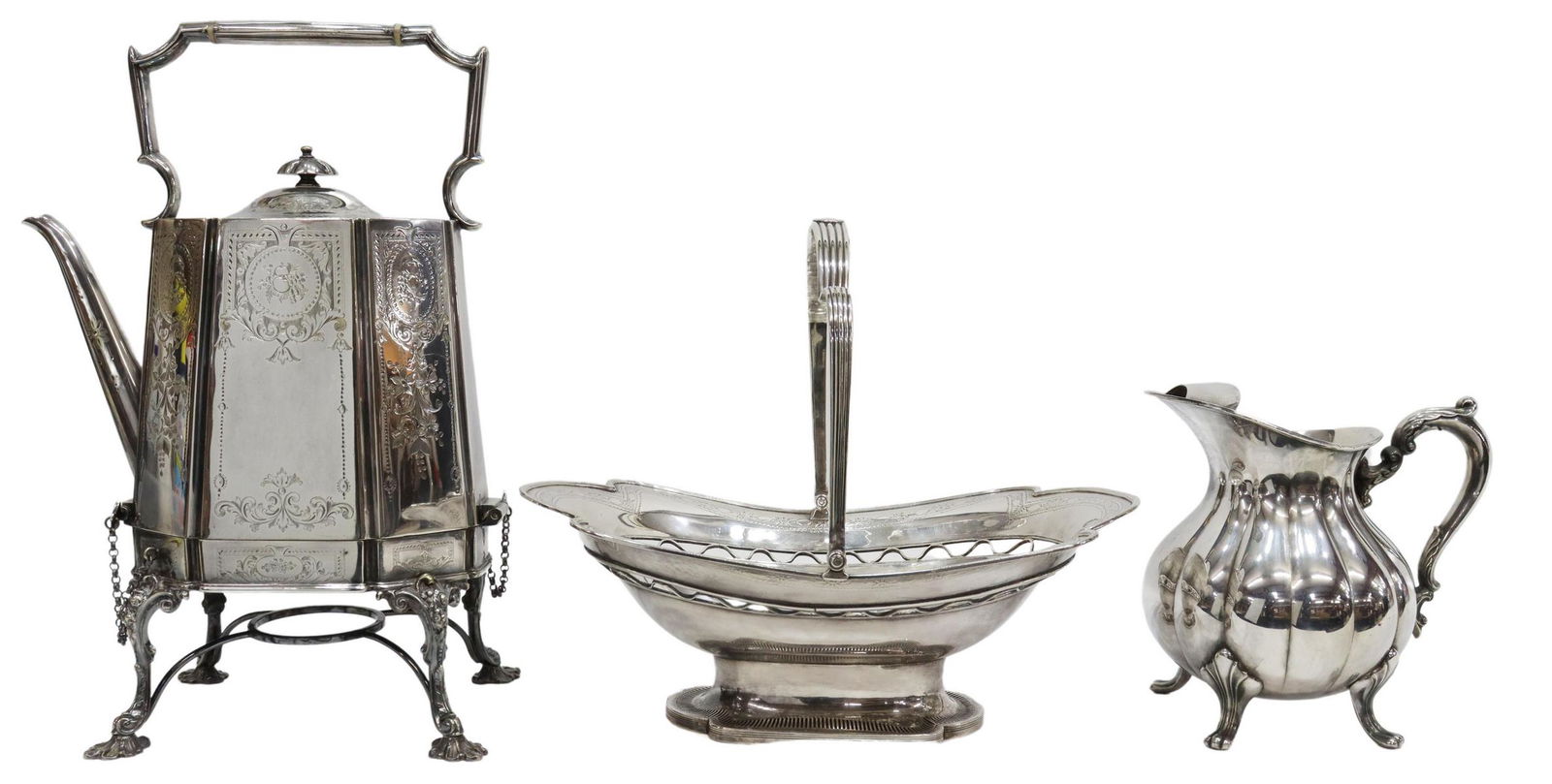 (3) SILVER PLATE CAKE BASKET, KETTLE & PITCHER (1 of 5)