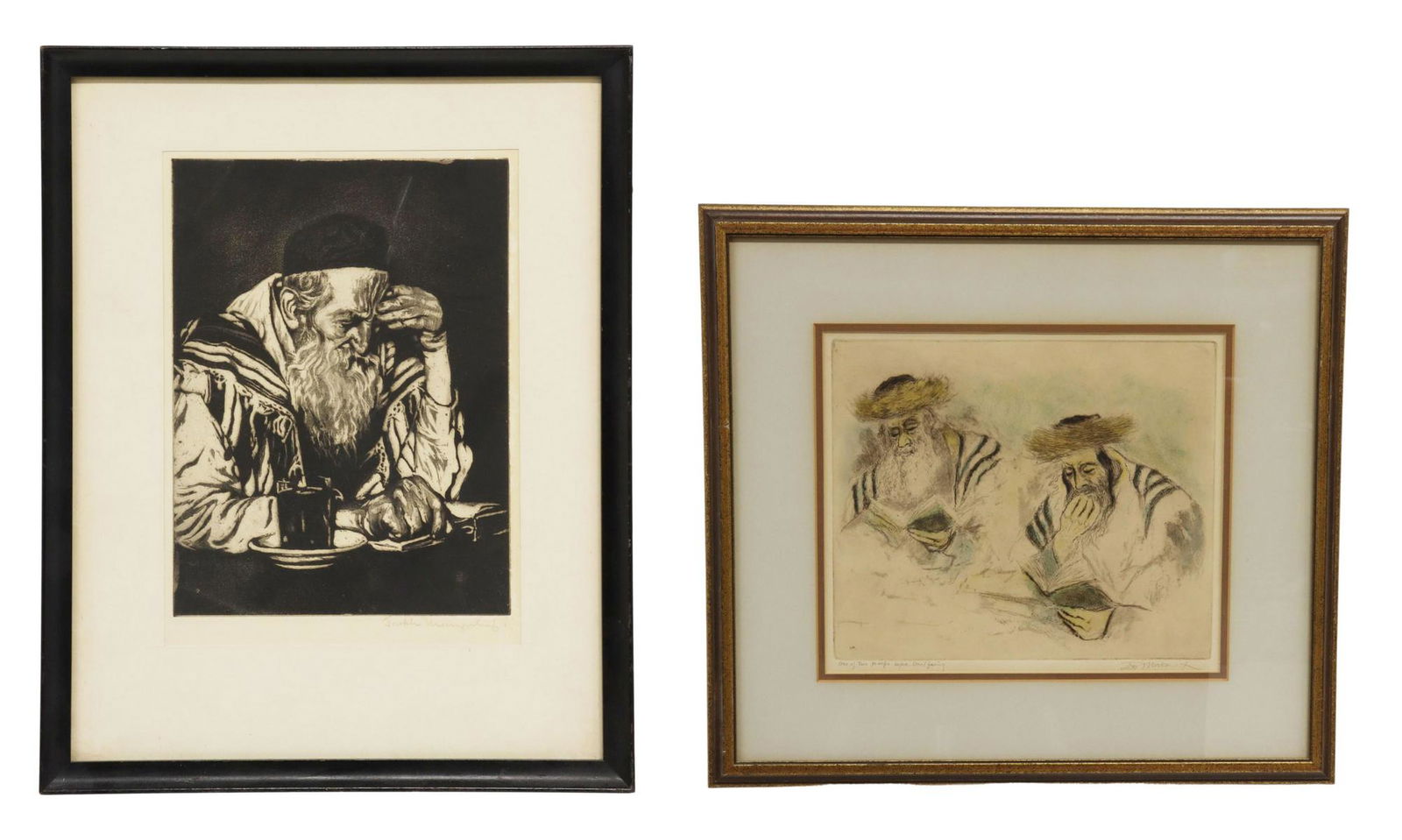(2) IRA MOSKOWITZ & J. MARGULIES JUDAICA ETCHINGS: (lot of 2) Framed etchings on paper, including: (1) "Two Studies," signed lower right Ira Moskowitz (Polish-American, 1912-2001), notated "one of two proofs before steel facing," Quadrangle Galleries