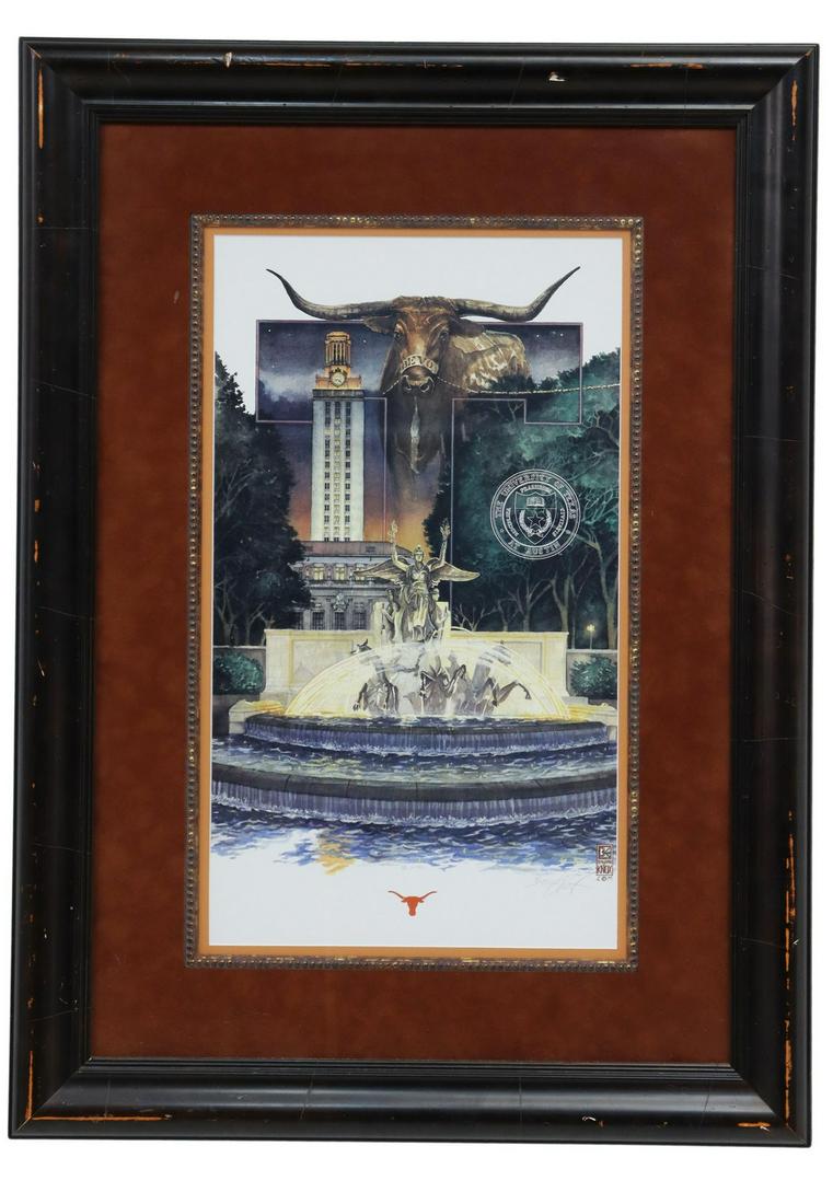 BENJAMIN KNOX (B.1968) UNIVERSITY OF TEXAS PRINT: Framed offset print on paper, University of Texas at Austin Campus Collage, signed lower right Benjamin Knox (Texas, b.1968), sight: 24"h, 13.75"w, overall: 37.25"h, 27"w, 12.5lbs Start Price: $50.00