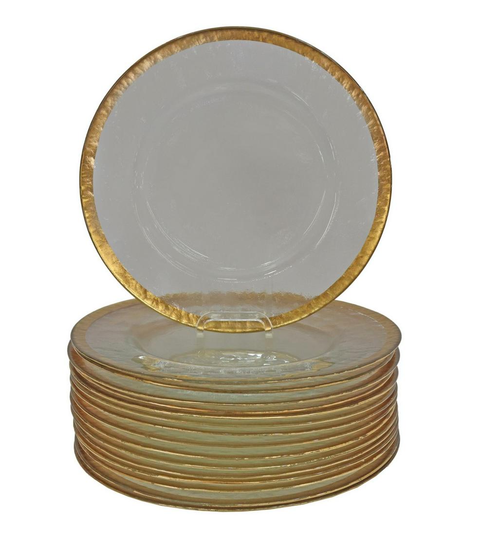 (16) LARGE COLORLESS GLASS CHARGERS WITH GILT RIM (1 of 3)
