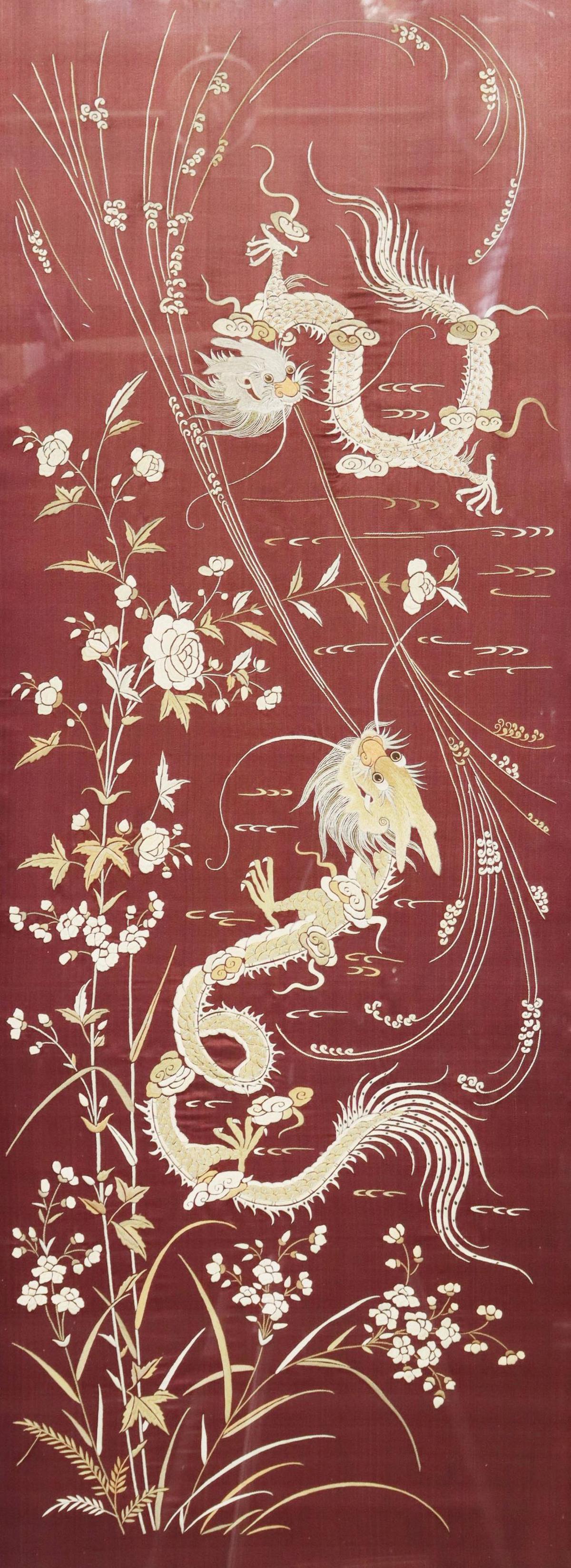 FRAMED CHINESE SILK EMBROIDERY WITH DRAGONS (1 of 3)