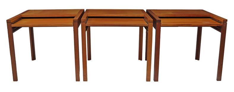 (3) DANISH CHRISTIAN HVIDT TEAK WORK TABLES: (lot of 3) Danish mid-century modern teak work tables, Christian Hvidt for Soborg Mobelfabrik, c.1960s, with pull-out work surface, rising on bracket legs, approx 29"h, 31.5"w, 31.5"d Start Price: