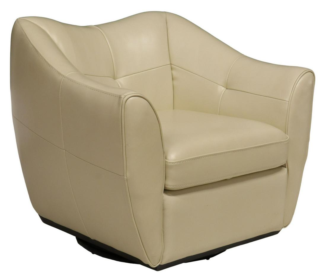 CONTEMPORARY LEATHER UPHOLSTERED SWIVEL ARMCHAIR: Contemporary armchair, late 20th c., in white stitched leather upholstery, with removable seat cushion, rising on metal swivel base, with small tear to front right corner of seat, approx 30"h, 34"w, 3