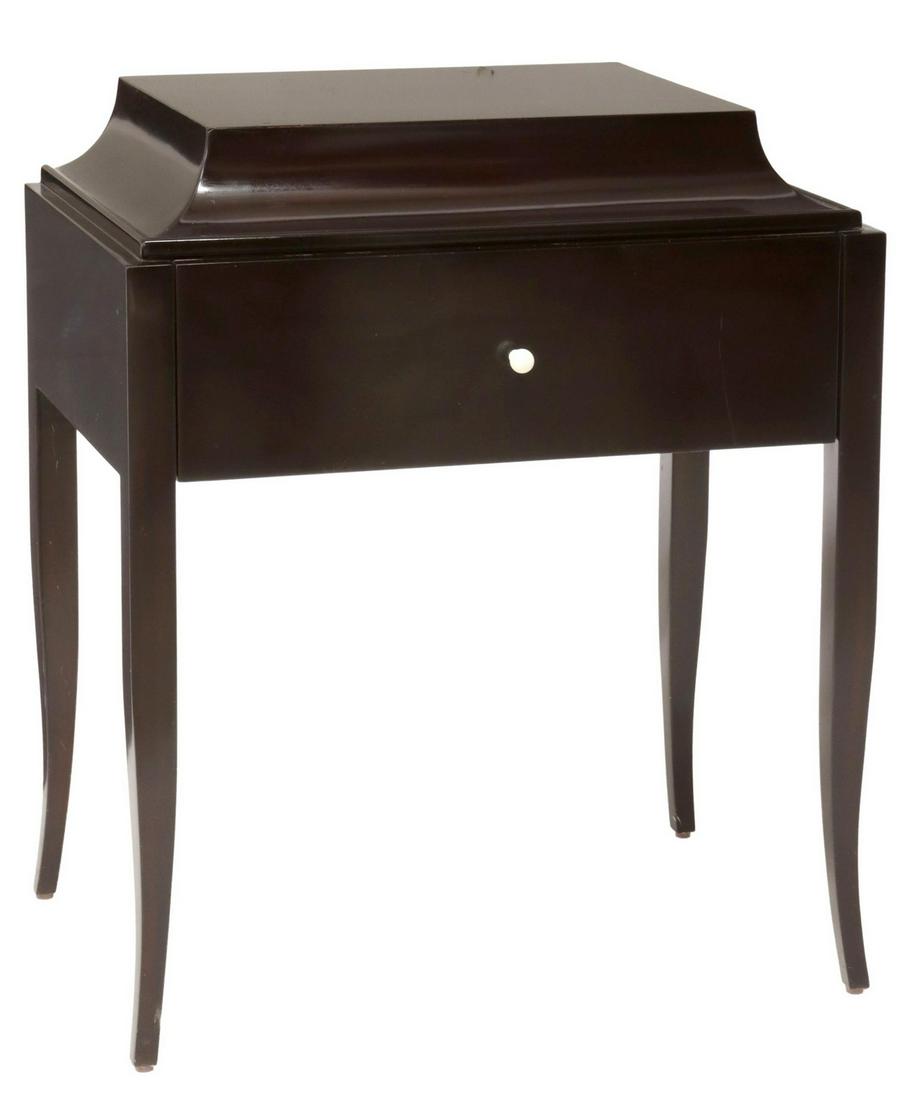 FRENCH MODERN TWO-DRAWER BEDSIDE TABLE: French modern nightstand, late 20th c., in a glossy espresso finish, cavetto molded top with concealed drawer, over additional frieze drawer, both with ultra-suede lined interiors, rising on tapered c