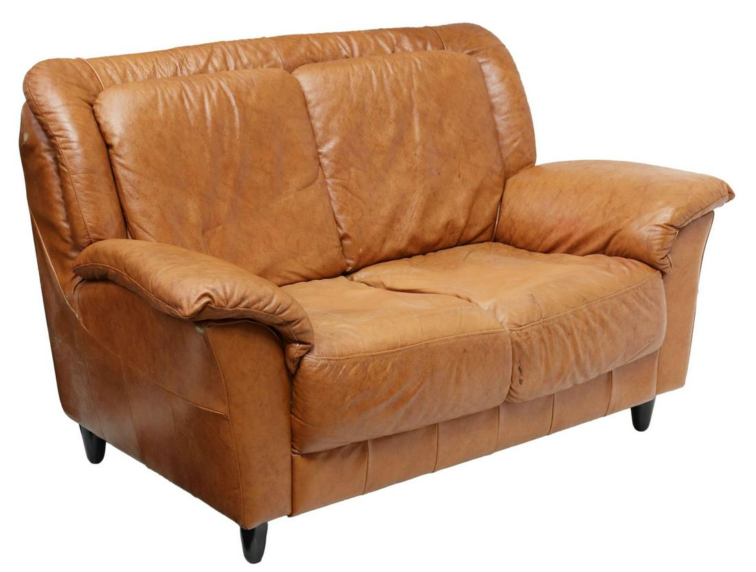 DANISH MODERN BROWN LEATHER LOVESEAT SOFA (1 of 3)