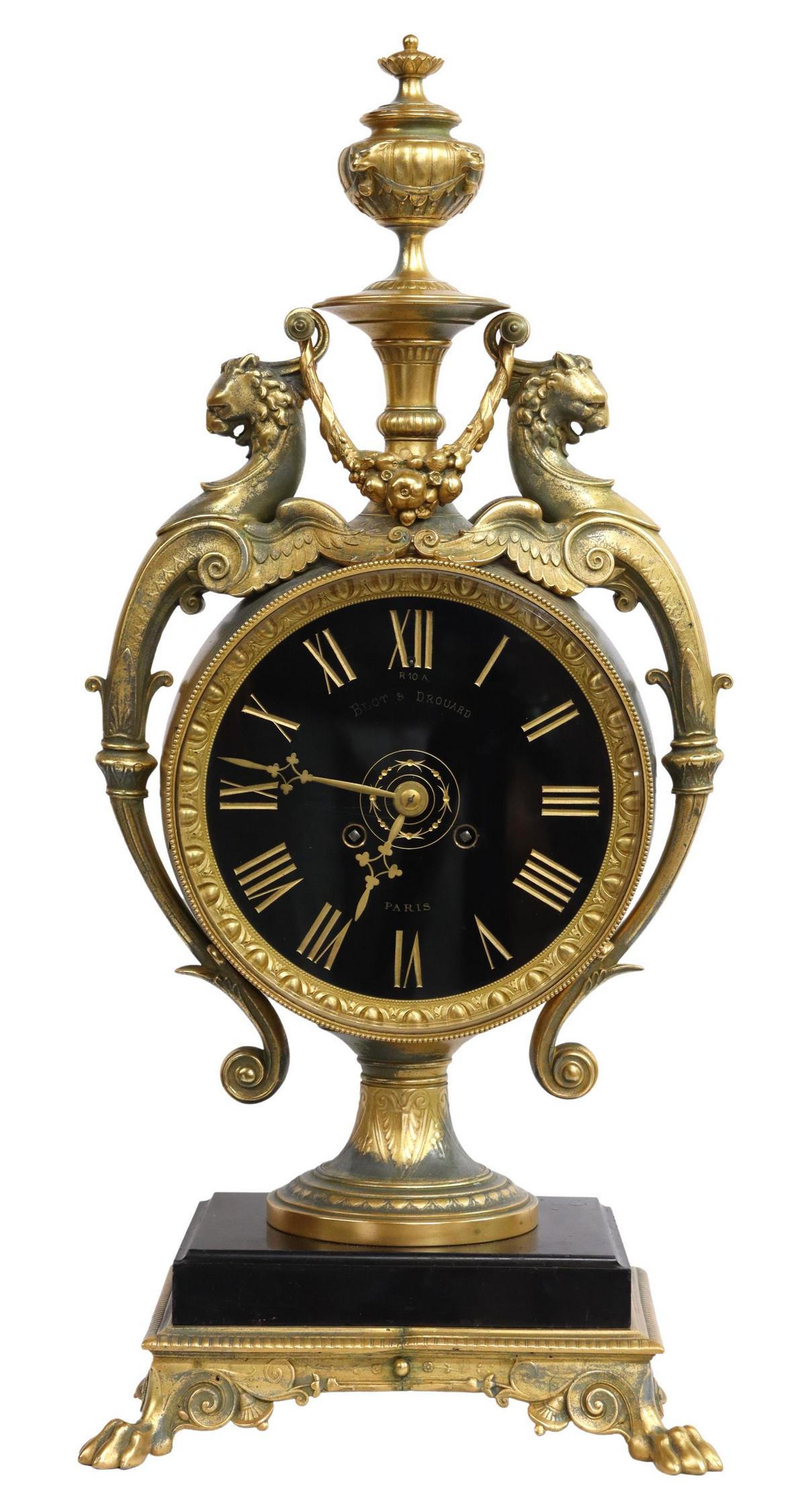 FRENCH BLOT & DROUARD GILT METAL MANTEL CLOCK (1 of 8)