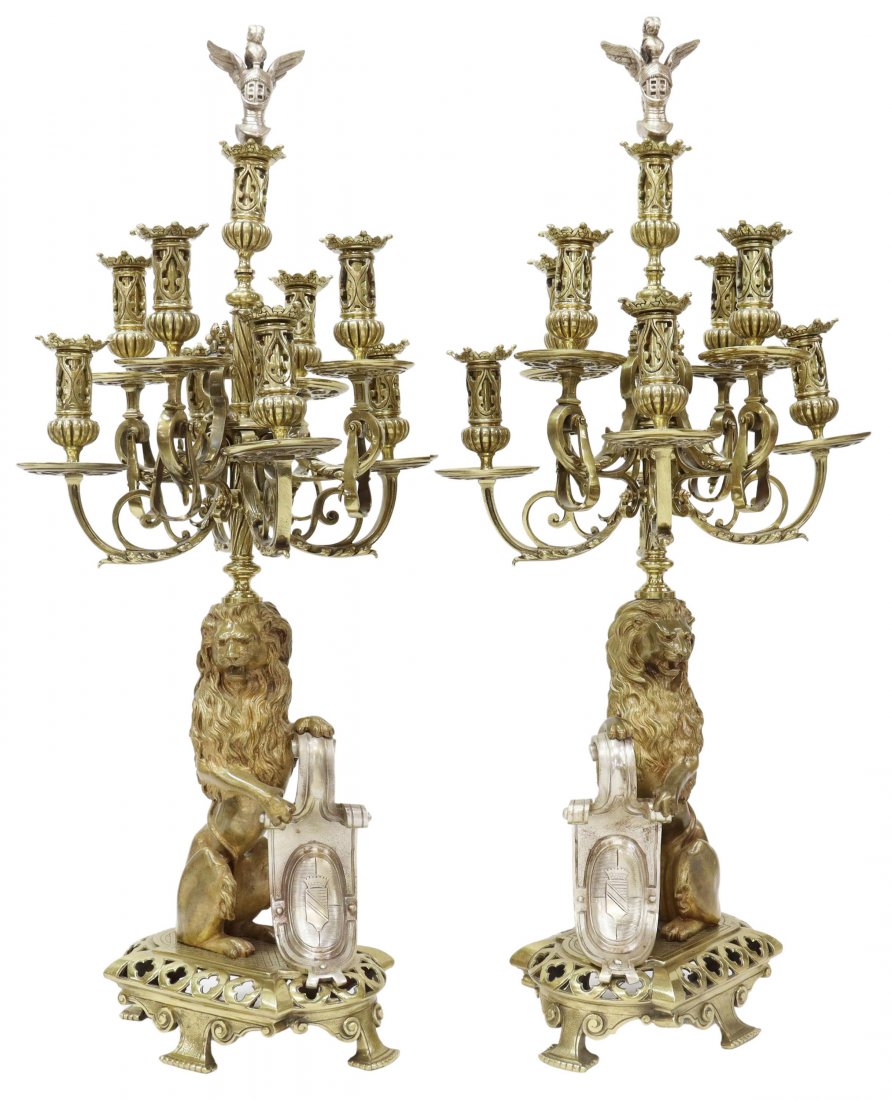 (2) FRENCH BRONZE HERALDIC LION 8-LIGHT CANDELABRA (1 of 5)