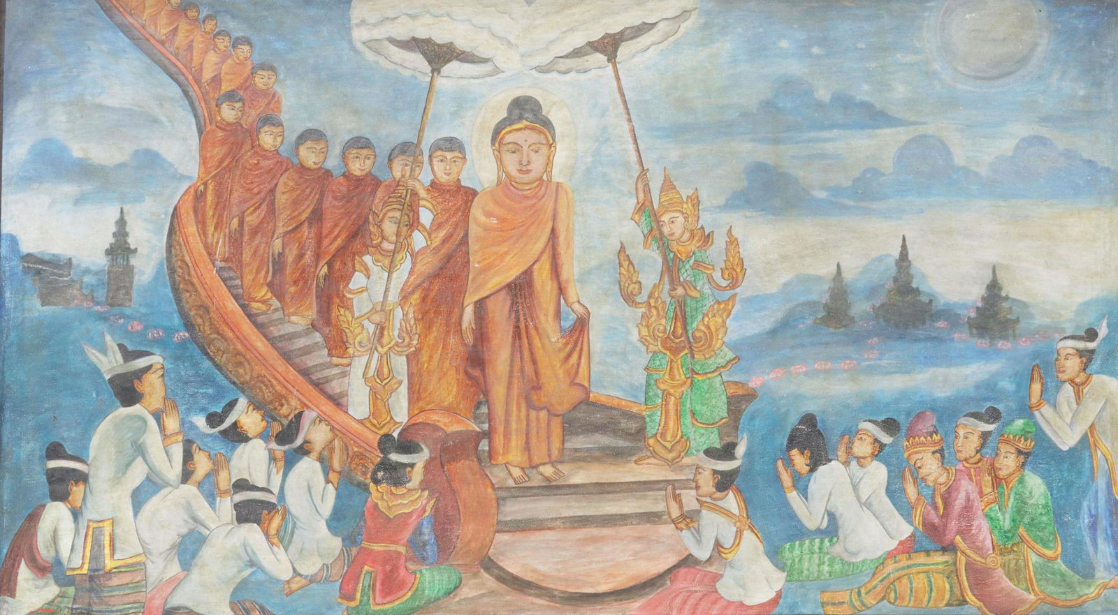 LARGE BURMESE BUDDHIST TEMPLE PAINTING, 42" X 72" (1 of 3)