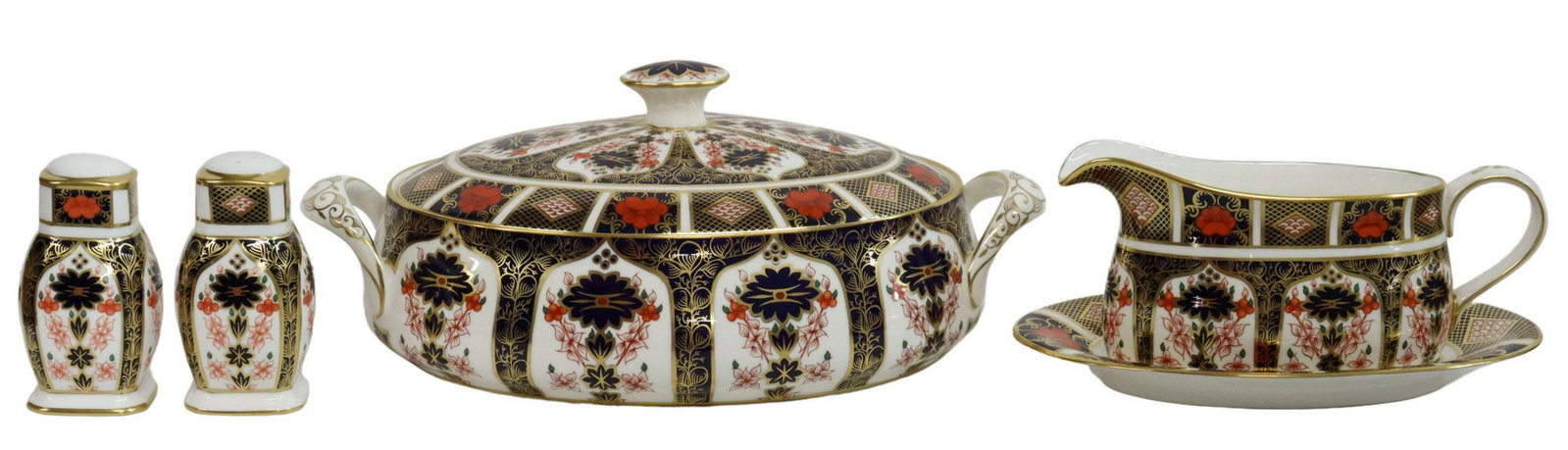 (5) ROYAL CROWN DERBY 'OLD IMARI' TABLEWARE: (lot of 5) English bone china tableware, Royal Crown Derby, in the "Old Imari" pattern, no. 1128, decorated in parcel gilt, cobalt blue and orange floral pattern, each bearing the red overglaze mark u