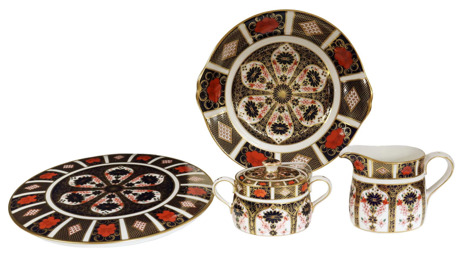 (4) ROYAL CROWN DERBY 'OLD IMARI' TABLEWARE: (lot of 4) English bone china tableware, Royal Crown Derby, in the "Old Imari" pattern, no. 1128, decorated in parcel gilt, cobalt blue and orange floral pattern, each bearing the red overglaze mark u